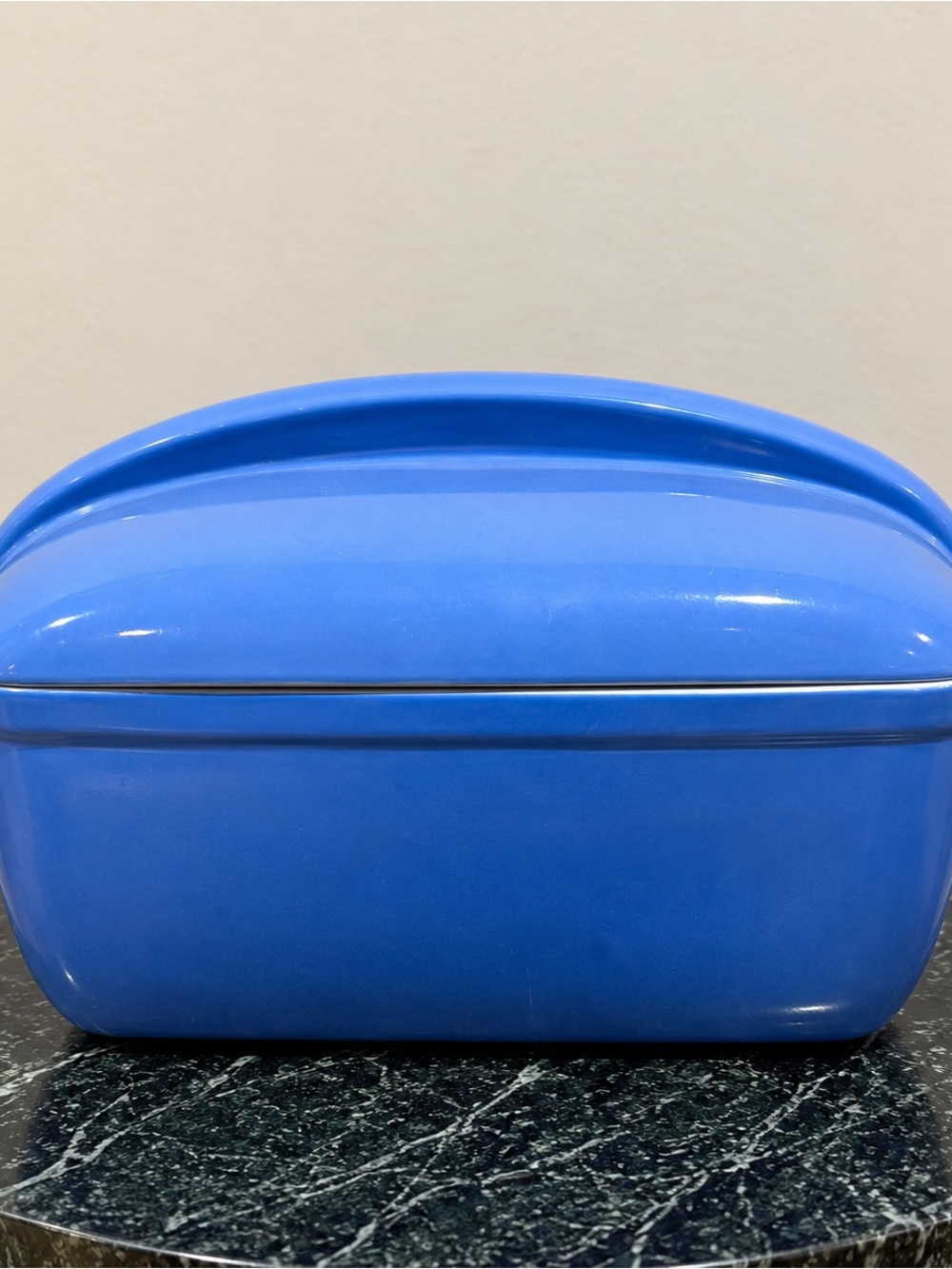 Hall China blue covered casserole made for Westinghouse.